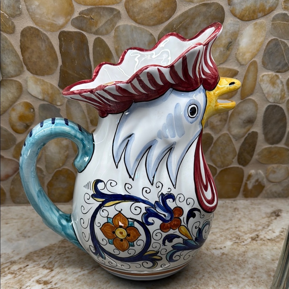 Italian Deruta Colorful Rooster Ceramic Pitcher